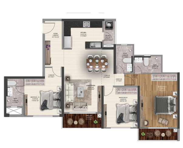 3 BHK + Study Floor Plan